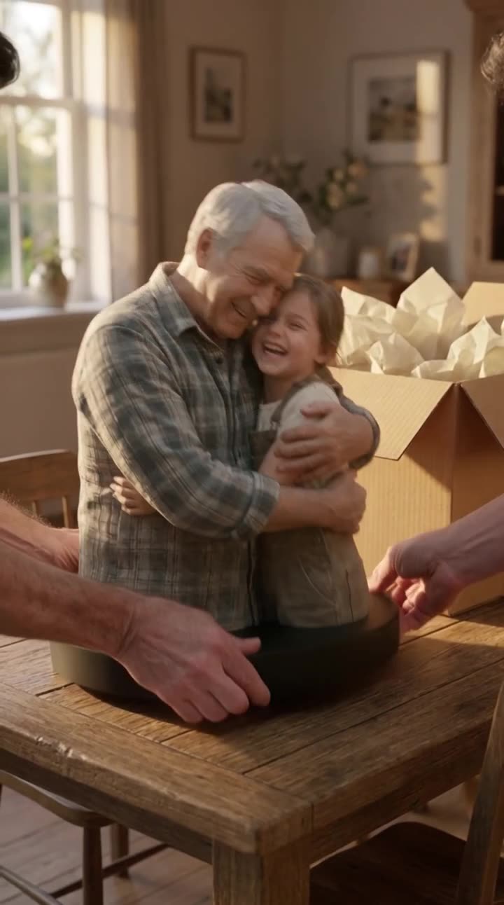 Hand-painted sculpture of a grandfather hugging his granddaughter, made from their photo