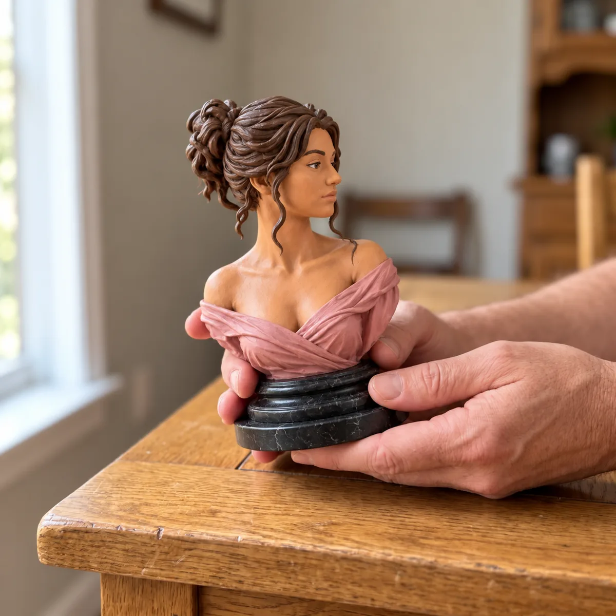 Hands holding a small hand-painted bust of a woman