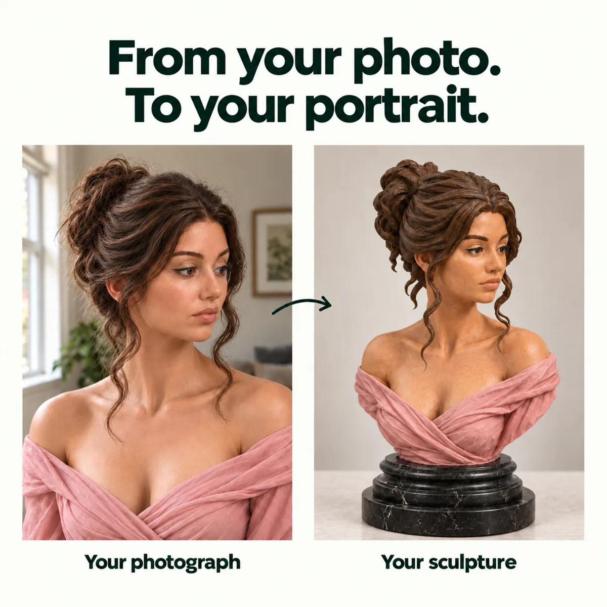 Side-by-side: a woman's photograph and her hand-painted bust sculpture
