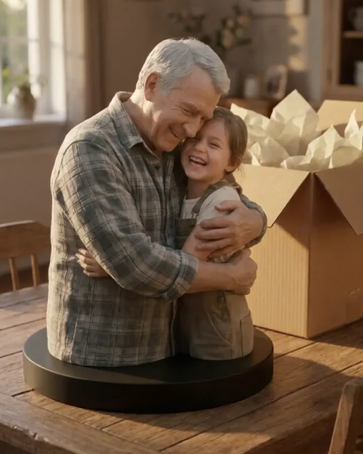 Hand-painted sculpture of a grandfather hugging his granddaughter, on a black base